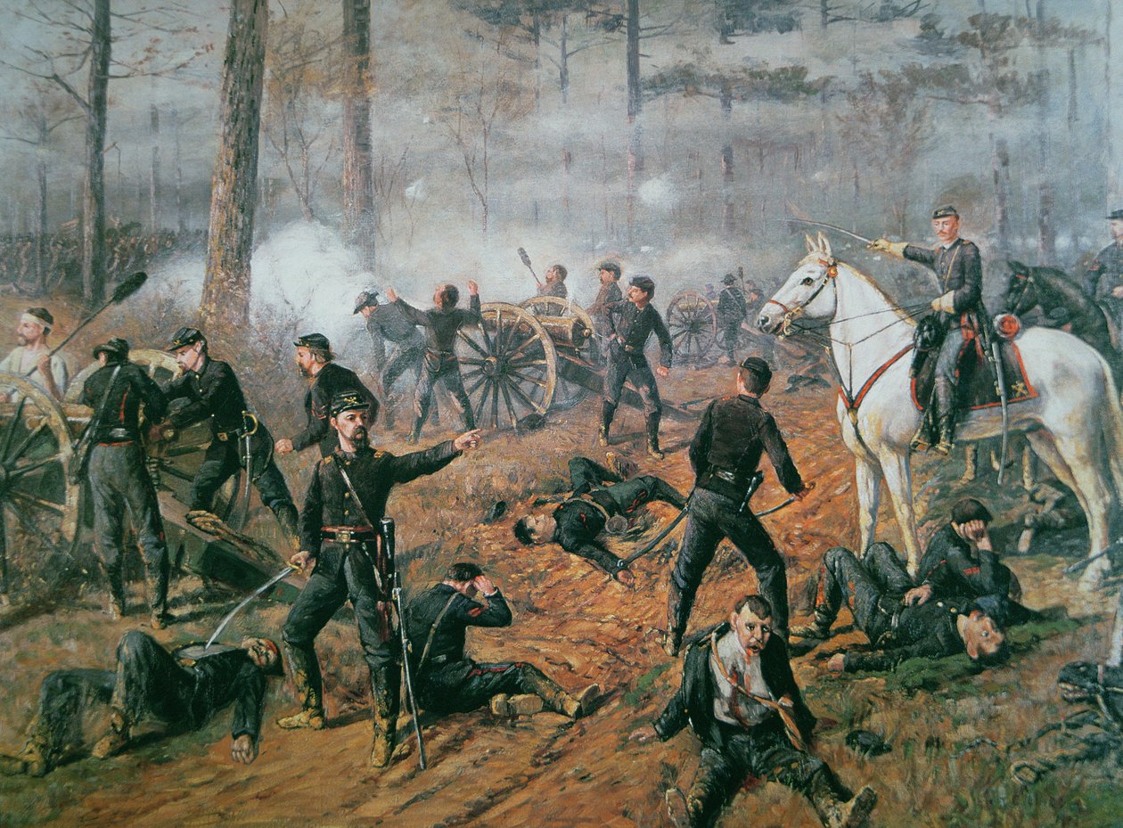 Bateria kapitana Hickenloopera w gnieździe szerszeni w bitwie pod Shiloh, kwiecień 1862 (litografia kolorowa) autorstwa T. C. Lindsay