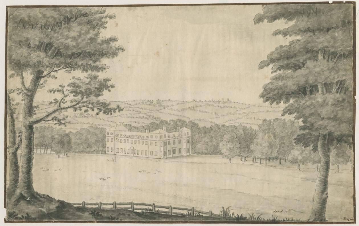 Sandwell Park - Hall: rysunek tuszem i lakierem, 1770 autorstwa T Carter