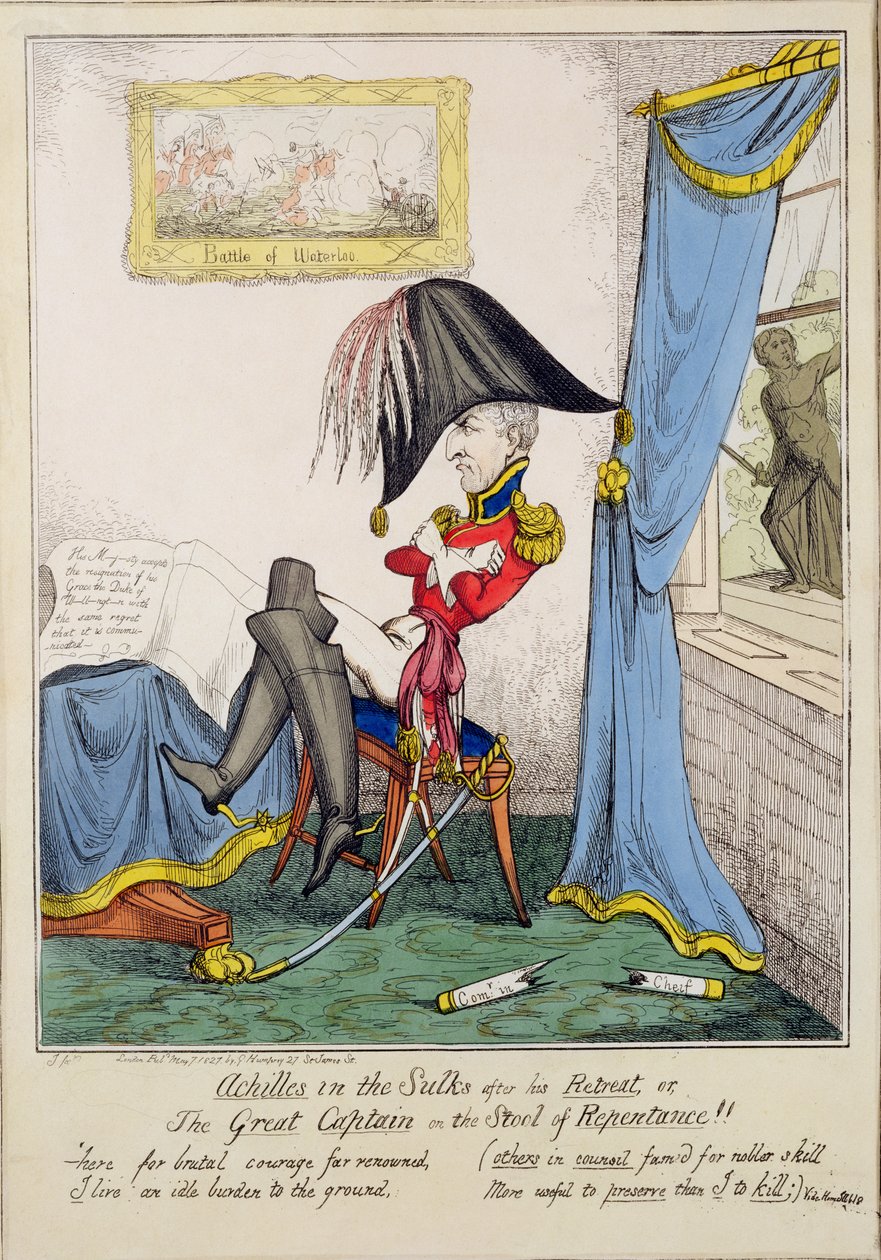 „Achilles w dąsach po odwrocie, czyli Wielki Kapitan na Stołku Pokuty”, wyd. G. Humphrey, 7 maja 1827 (kolorowa rycina) autorstwa T. Jones