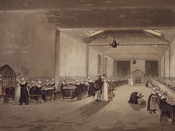 Jadalnia, azyl, z „Mikrokosmosu Londynu” Ackermanna autorstwa T. and Pugin A.C. Rowlandson