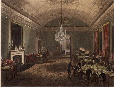 Świetny pokój abonamentowy u Brooksa z „Mikrokosmosu Londynu” Ackermanna autorstwa T. and Pugin A.C. Rowlandson