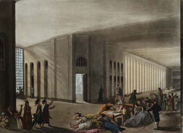 Szpital św. Łukasza dla lunatyków, z „Mikrokosmosu Londynu” Ackermanna, ok. 1800 (kolor grawerowany) autorstwa T. and Pugin A.C. Rowlandson