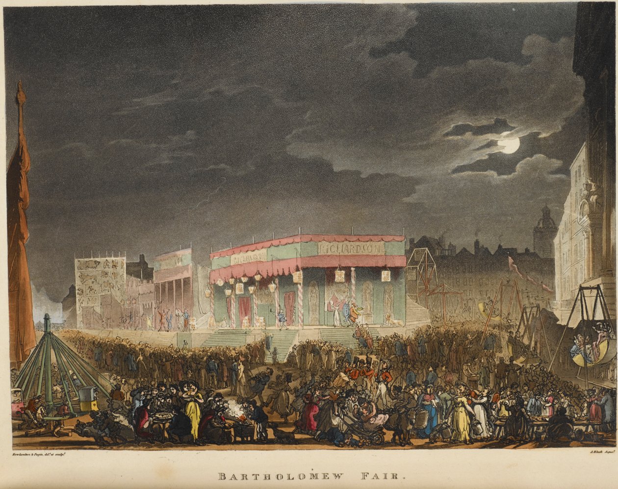 Jarmark Bartłomieja. Po raz pierwszy odbył się w 1813 roku, był corocznym wydarzeniem, odbywającym się co roku w sierpniu w pobliżu Smithfield i był najdłużej wystawianym londyńskim teatrem ulicznym. autorstwa T. & Pugin A.C. (1762 1832) (after) Rowlandson