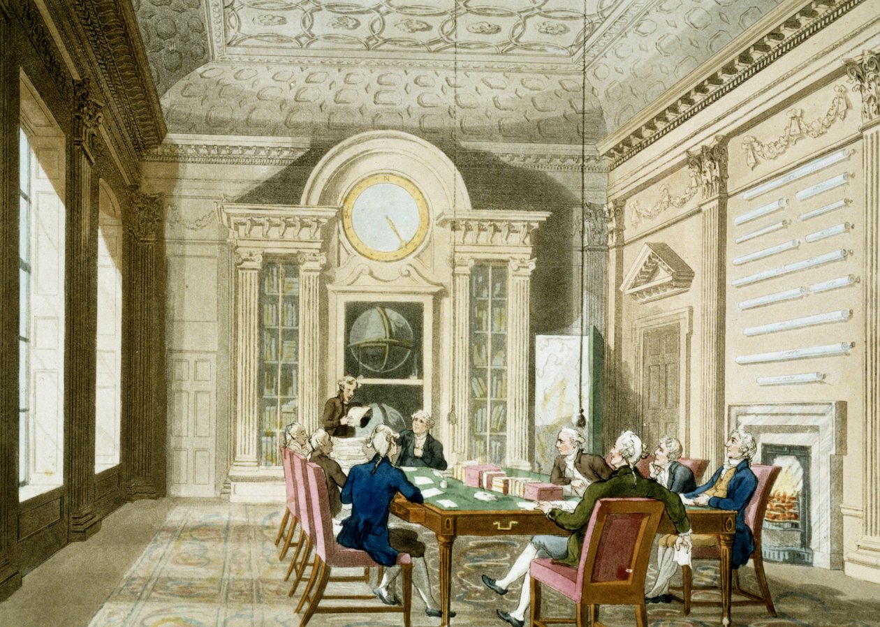 Pomieszczenie administracyjne brytyjskiego admirała. Kolorowa akwaforta opublikowana 1 stycznia autorstwa T. & Pugin A.C. (1762 1832) (after) Rowlandson
