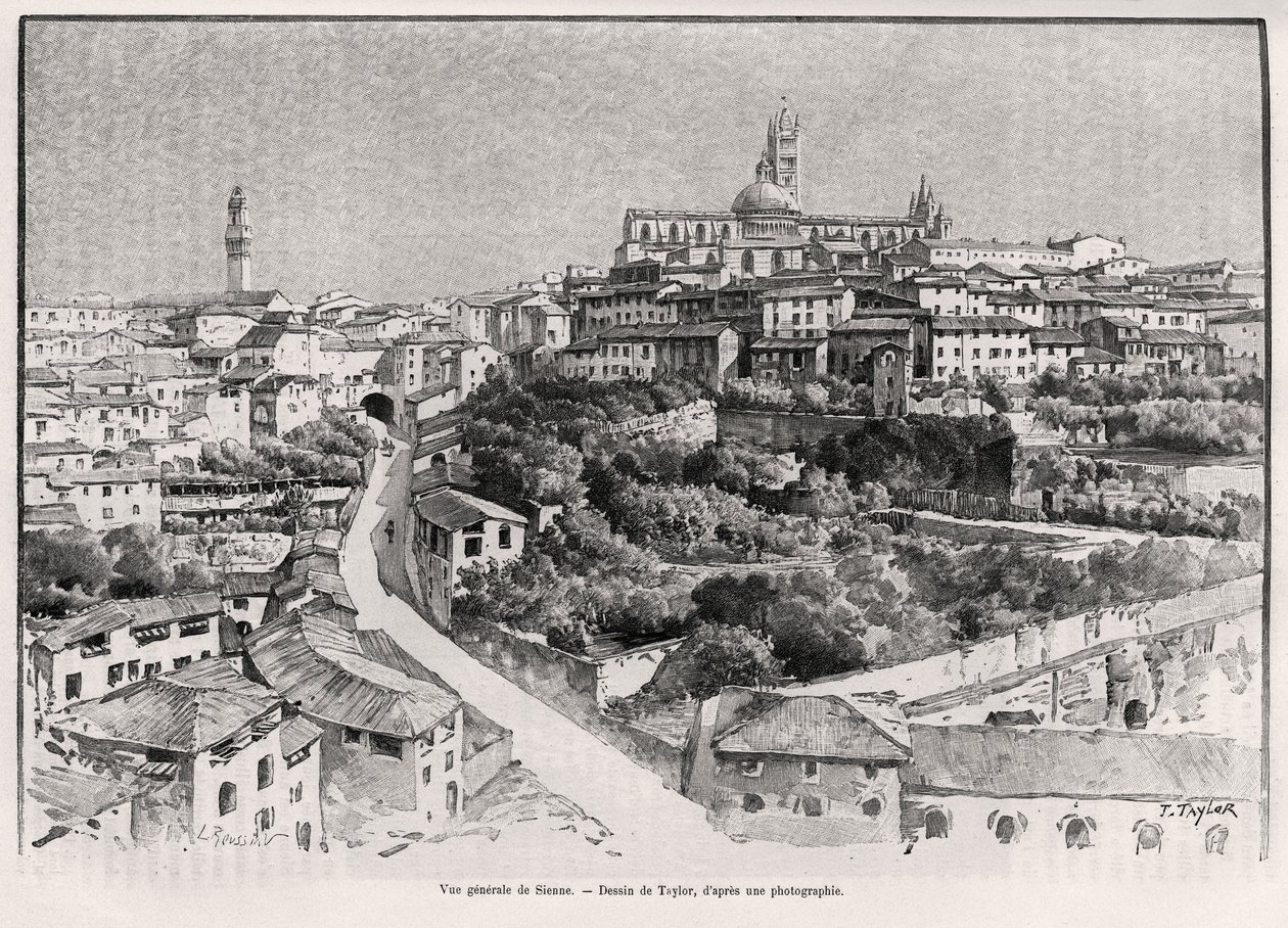 Ogólny widok Sieny (Włochy). Grawer Taylora ilustrujący historię „A travers la Tuscane” Eugene