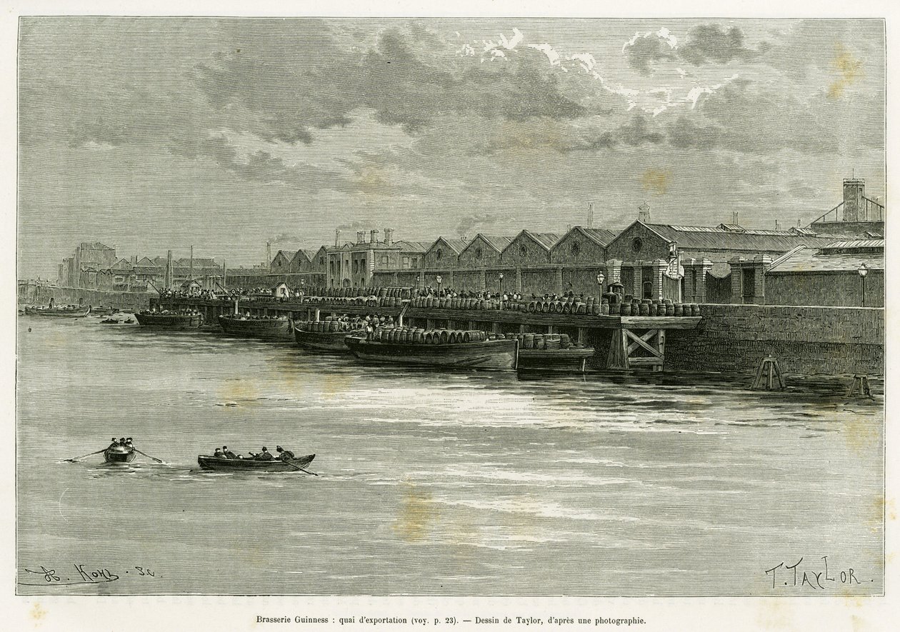 Browar Guinnessa, port eksportowy. Grawer Taylora, ilustrujący historię Trzy miesiące w Irlandii, w 1889, autorstwa Marie Anne de Bovet, in le tour du monde 1890, w reżyserii Edouarda Chartona (1807-1890), Hachette, Paryż. autorstwa T Taylor