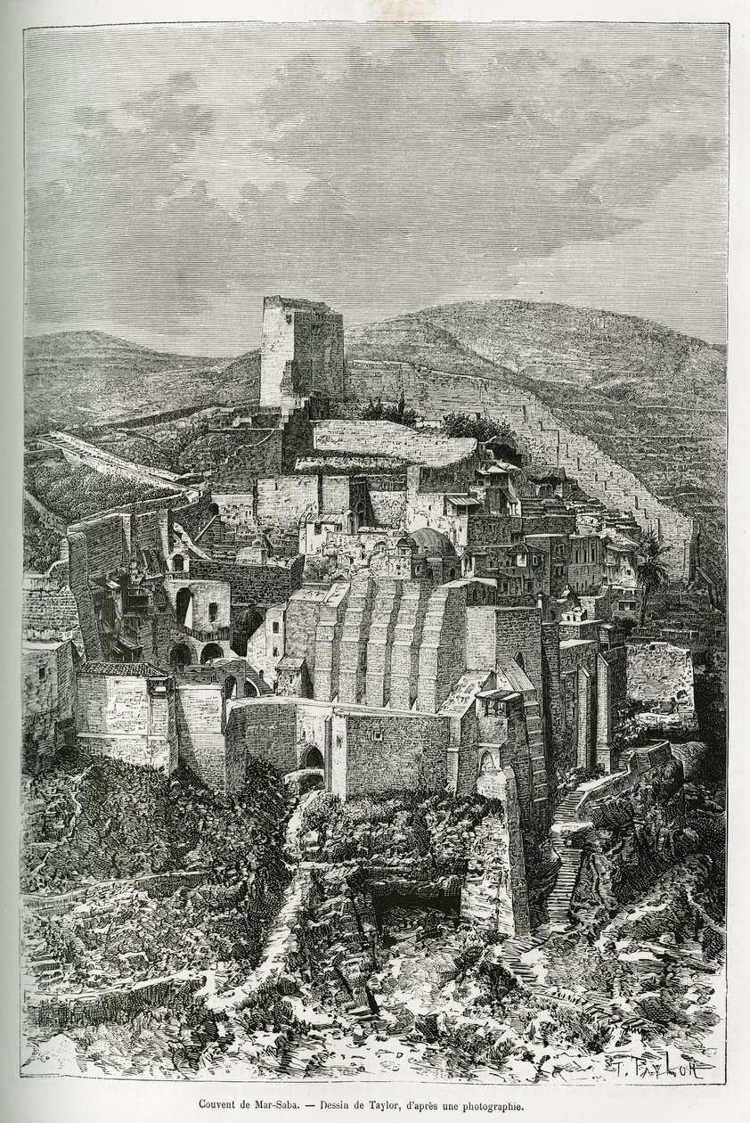 Klasztor Mar-Saba (Mar Saba) (Palestyna). Rycina Taylora, ilustrująca historię dzisiejszej Syrii, autorstwa M. Lorteta, dziekana Wydziału Lekarskiego w Lyonie, któremu Ministerstwo Edukacji Publicznej powierza misję naukową, opublikowana w Tou autorstwa T Taylor