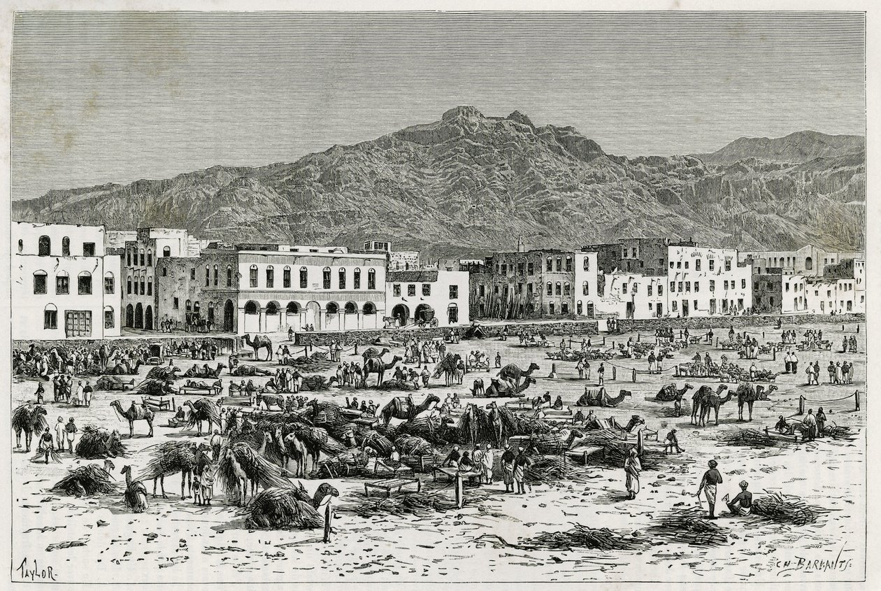 Marsz Adenu (Jemen). Rycina Taylora, ilustrująca historię „Podróż do Benadiru, Somalii i Bajoun””, w latach 1882-1883, autorstwa M.G.Revoil. Opublikowano w Le Tour du monde, nouveau journal des voyages autorstwa T Taylor