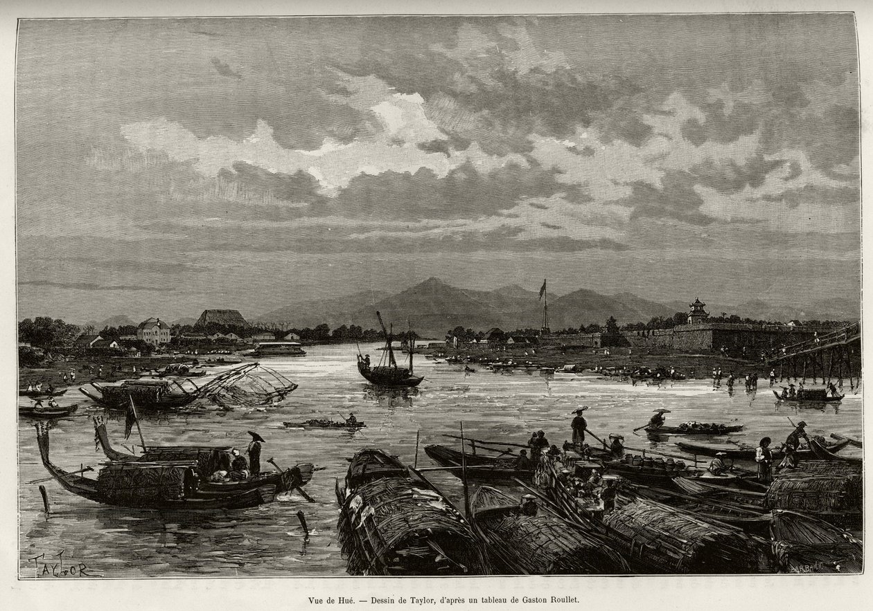 Widok Hue (Wietnam), z opisem nawigacji po rzece Song Huong i pagodzie Thien Mu, za murami obwodowymi. Grawerowanie autorstwa Taylora, aby zilustrować historię „Trente mois au Tonkin” autorstwa dr. Charlesa Edouarda Hocquarda (1853-1911), w 1885 r., w autorstwa T Taylor