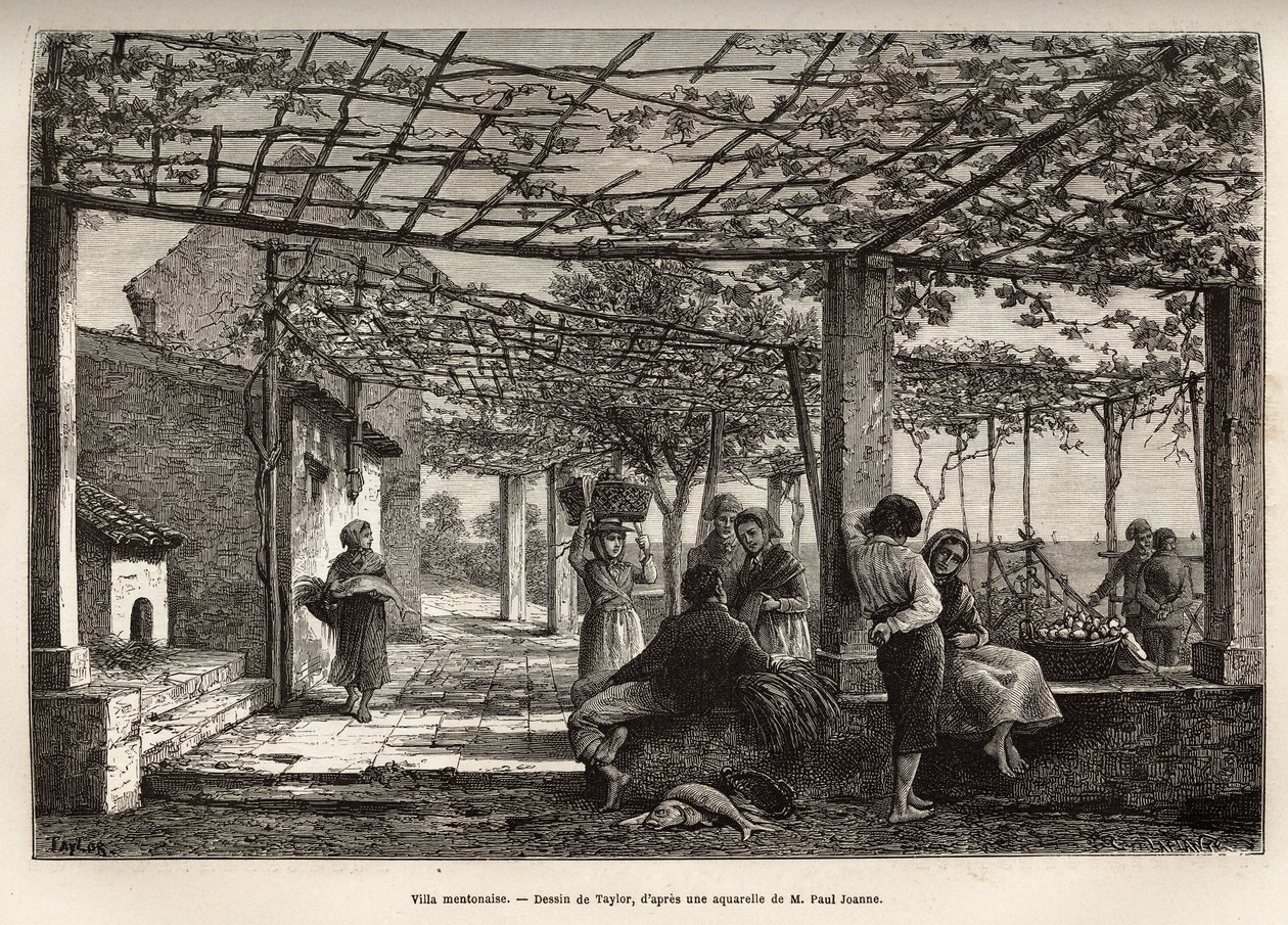 Villa Menton, grawerowanie według rysunku Taylora, ilustrujące podróż Menton i Bordhighera, w 1871 r., autorstwa Adolphe Joanne, opublikowane w „Le tour du monde”” 1874, pod redakcją Edouarda Chartona, wydanie Hachette, Paryż. Kolekcja Selva. autorstwa T Taylor