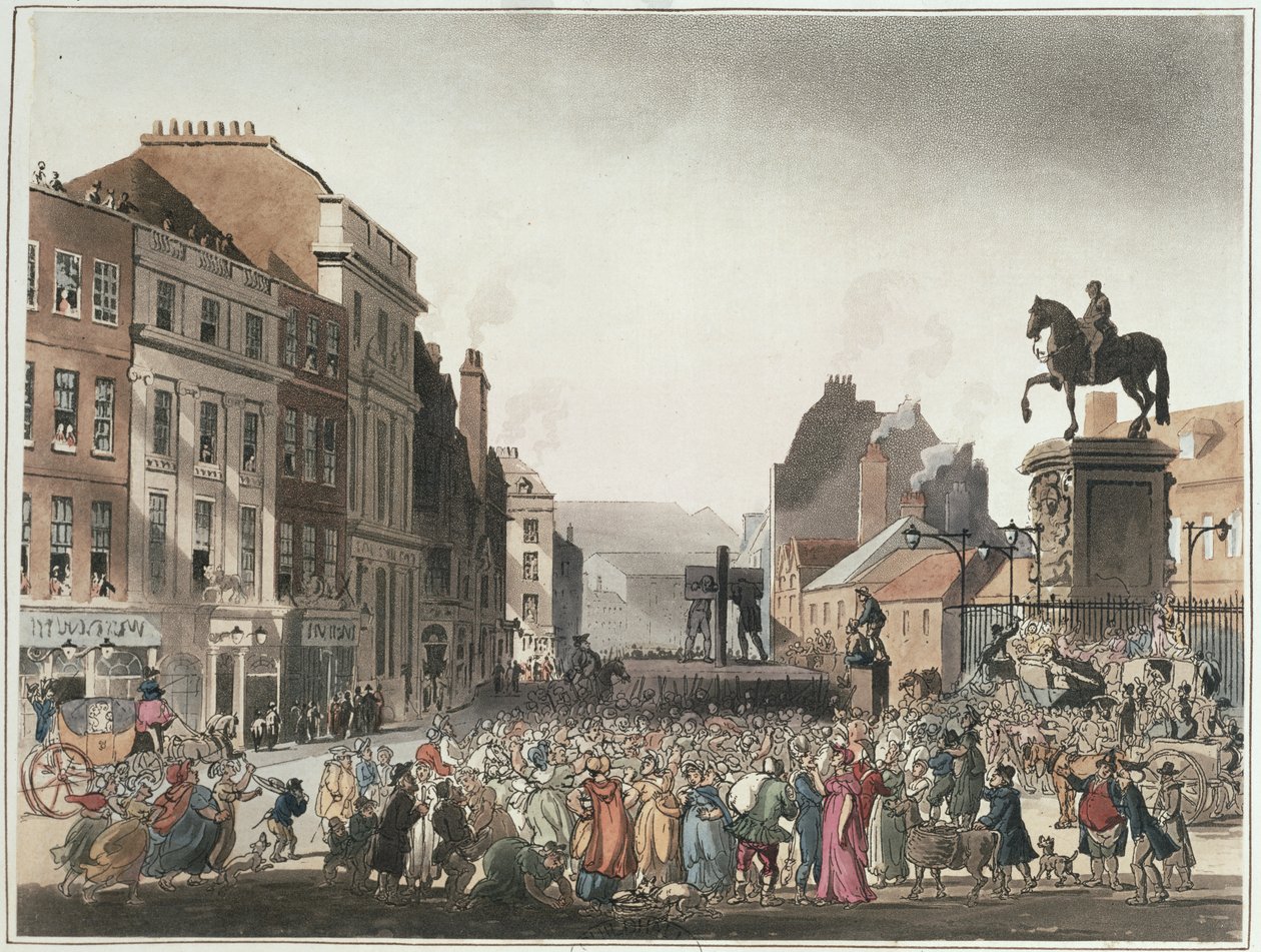 Pręgierz w Charing Cross z „Mikrokosmosu Londynu” Ackermanna autorstwa T. and Pugin A.C. Rowlandson