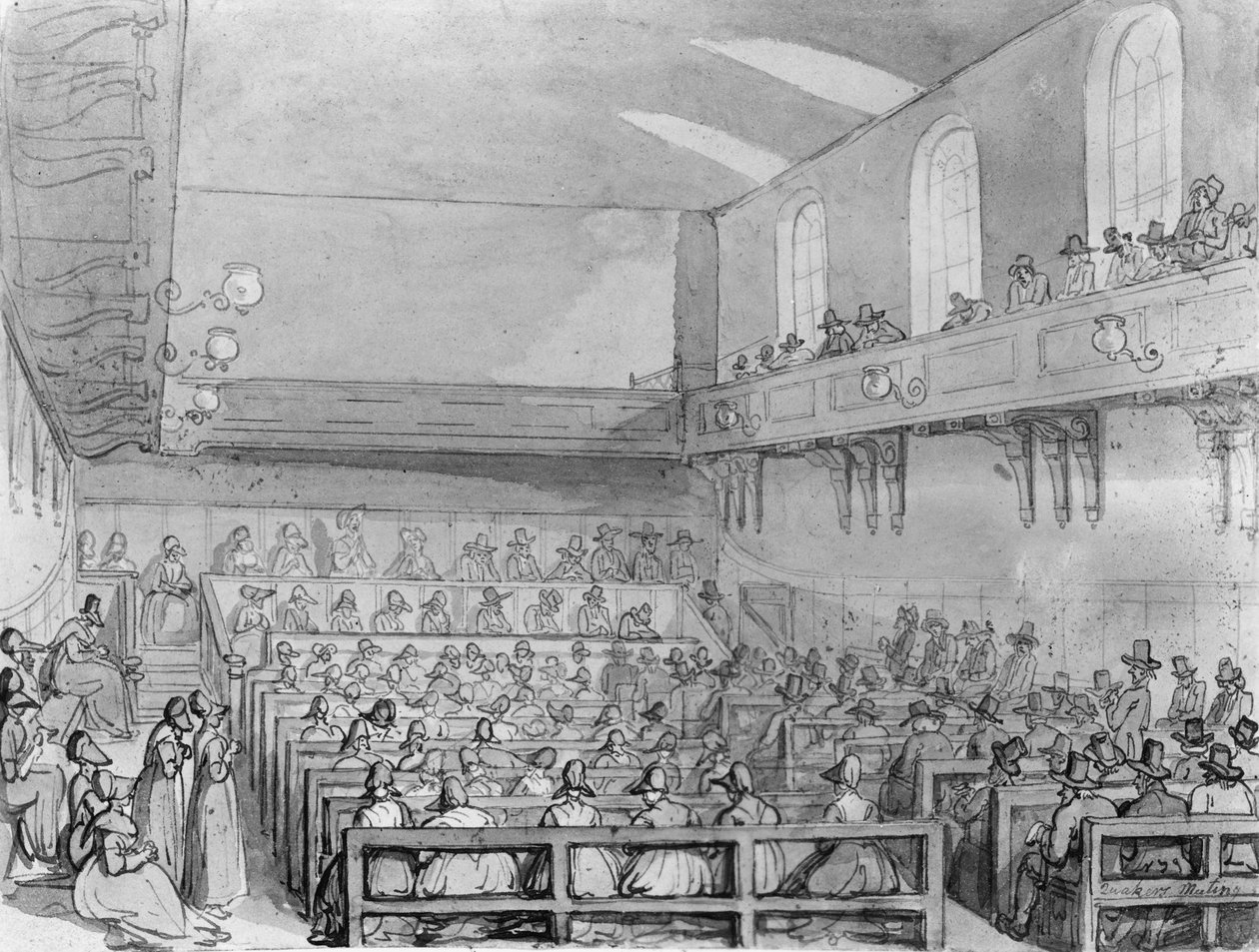Kwakrzy zbierają się w londyńskim Domu Spotkań autorstwa T. and Pugin A.C. Rowlandson