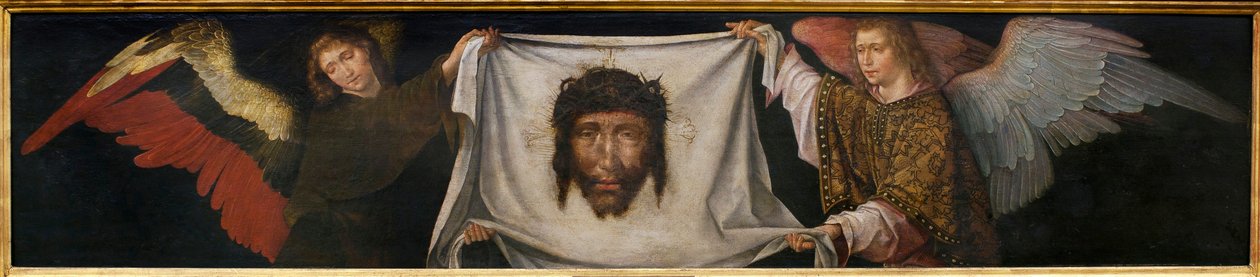 Anioły niosące całun - Obraz z warsztatu fr. Carlosa (malarz flamandzki działający w latach 1517-1544), olej na drewnie, ok. 1520-1530 (Anioły ze Świętą Twarzą, warsztat fr. Carlosa, olej na desce, ok. 1520-1530) - Musee d