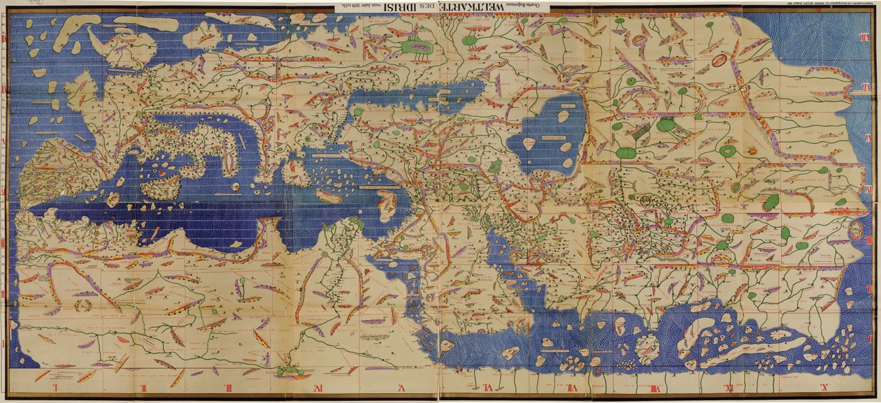 Egzemplarz z 1929 r. z nazwiskami transliterowanymi na pismo łacińskie arabskiej Tabuli Rogeriana z 1154 r., odwróconą z północą skierowaną do góry autorstwa TabulaRogeriana.jpg