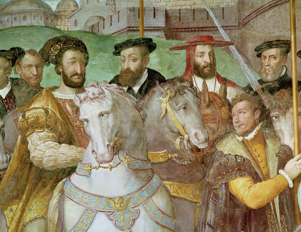 Szczegół z Uroczystego wejścia cesarza Karola V (1500-58), Franciszka I (1494-1547) i Alessandro Farnese (1546-92) do Paryża w 1540 r., z "Sala dei Fasti Farnese", 1557-66 (szczegóły autorstwa Federico Zuccaro