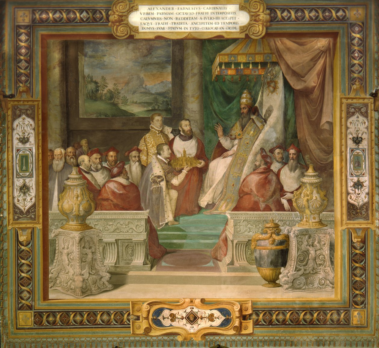 Alessandro i Ottavio Farnese prezentują model miasta Piacenza papieżowi Juliuszowi III autorstwa Taddeo Zuccari