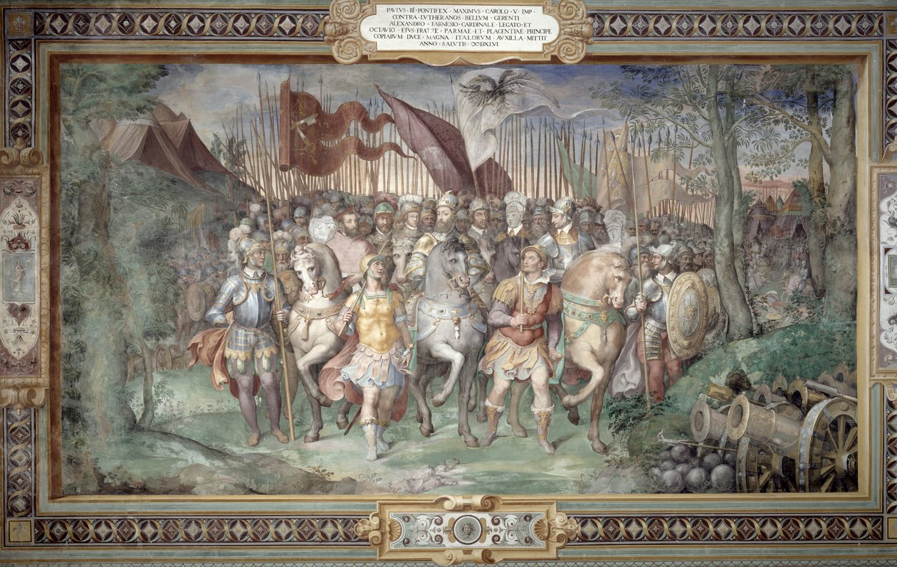 Karol V (1500-58) Alessandro (1546-92) i Ottaviano Farnese prowadzący armię przeciwko landgrafowi Filipowi z Hesji w 1546 roku z „Sala dei Fasti Farnese” (Sala Wspaniałości Farnese) autorstwa Taddeo Zuccari