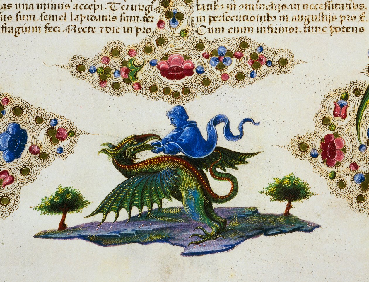 Fryz bordowy u dołu strony z postacią geniusza i skrzydlatego potwora, tom II f 198, v, Biblia Borso d