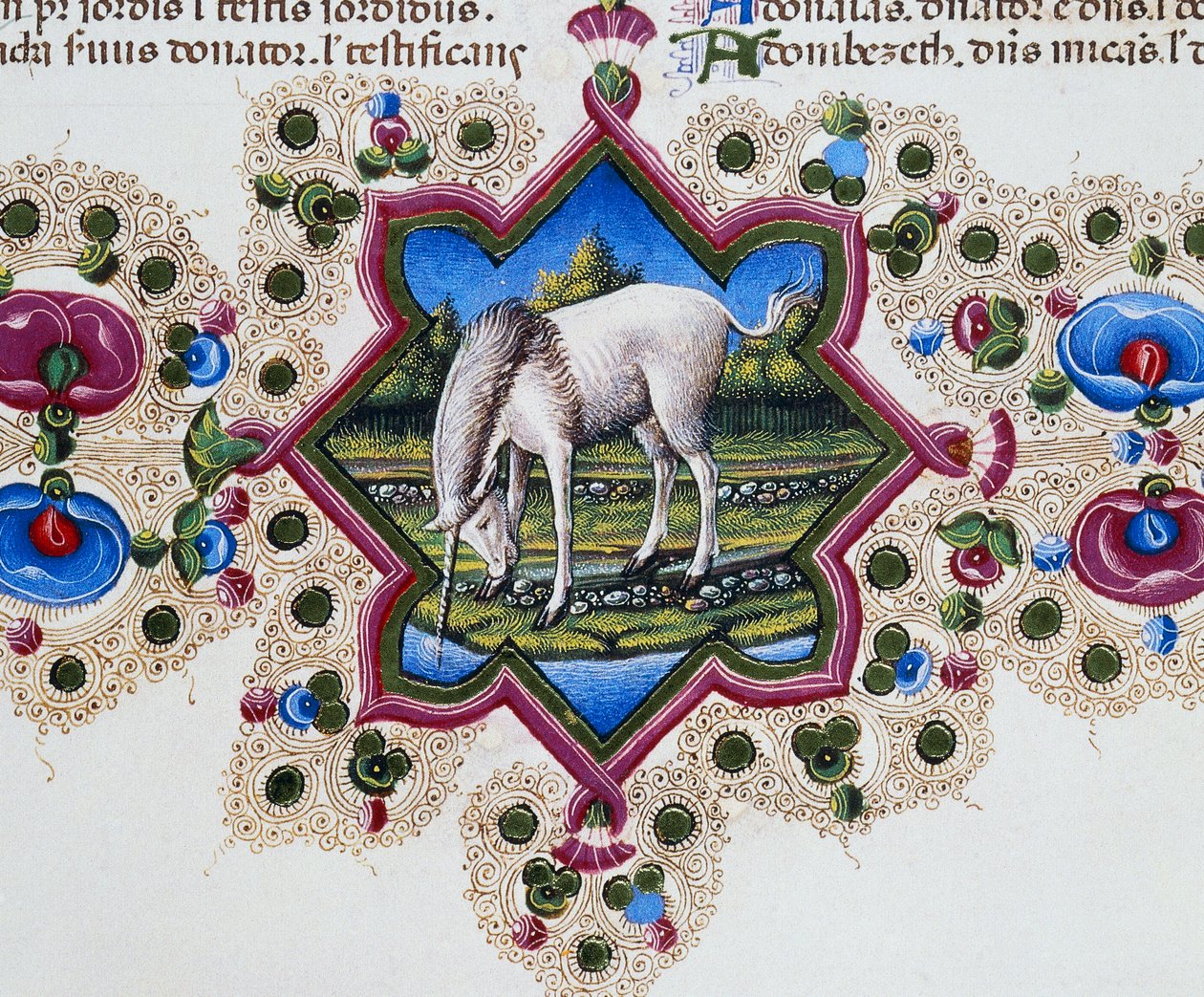 Fryz brzegowy u dołu strony z jednorożcem, tom II f 245, v, Biblia Borso d