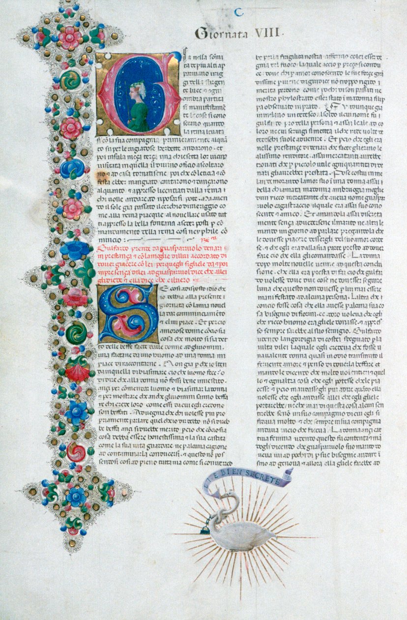 Iluminowana strona rękopisu z Dekameronu, autorstwa Giovanniego Boccaccio, włoski, c1467. autorstwa Taddeo Crivelli