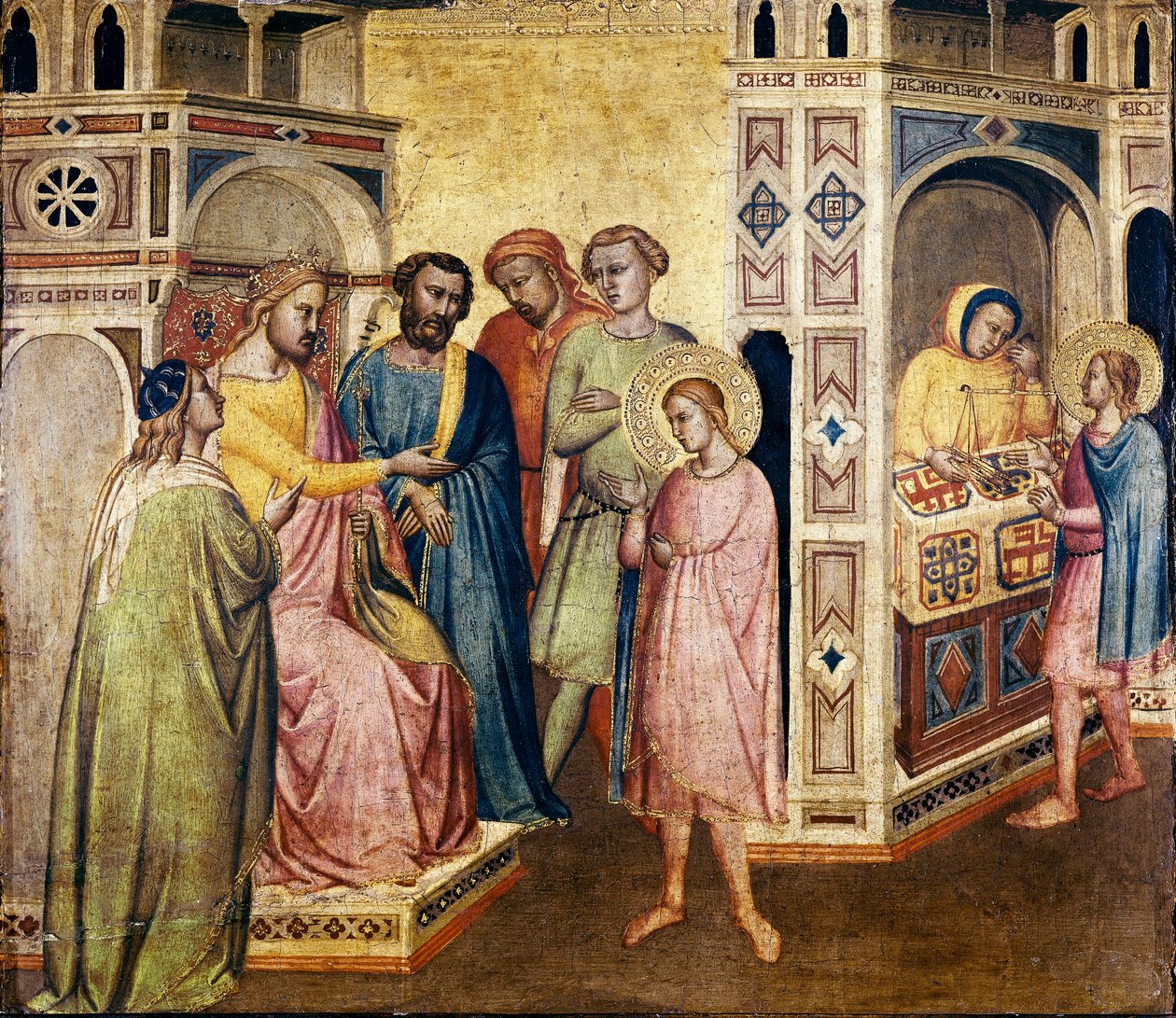 St. Eligius przed królem Clothar, ok. 1365 (tempera na drewnie) autorstwa Taddeo Gaddi