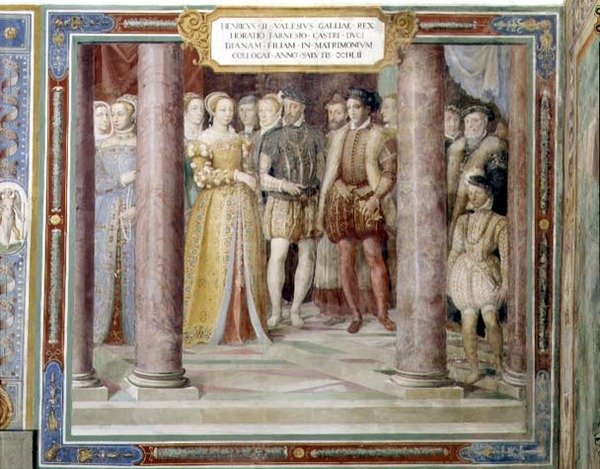 Ślub Orazia Farnese i Diany, córki Henryka II z Francji (1519-59) z „Sala dei Fasti Farnese” (Sala Wspaniałości Farnese) 1557-66 (fresk) autorstwa Taddeo Zuccaro
