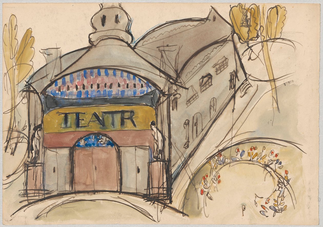 Fantastyczny budynek z napisem „Teatr” autorstwa Tadeusz Makowski