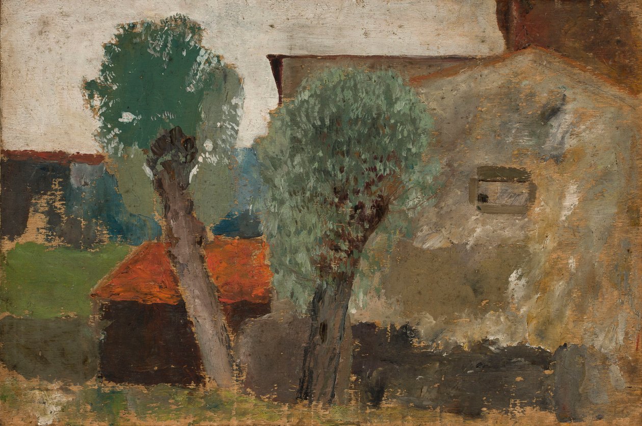 Fragment domu z dwoma drzewami autorstwa Tadeusz Makowski