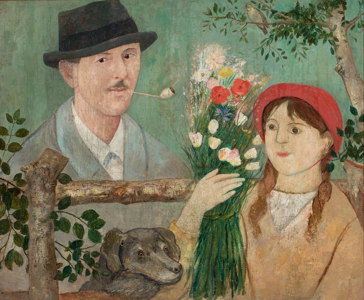 Sielanka przy płocie (Autoportret, dziewczyna z kwiatami i pies) autorstwa Tadeusz Makowski