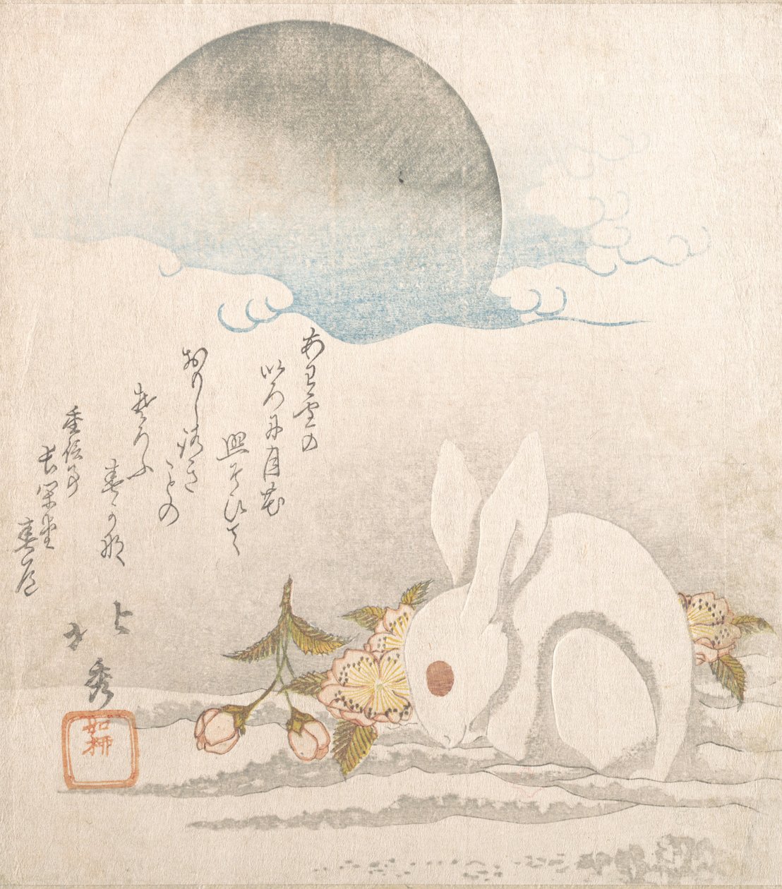 Księżyc, Biały Zając w Śniegu, prawdopodobnie 1819. autorstwa Taisosai Hokushu