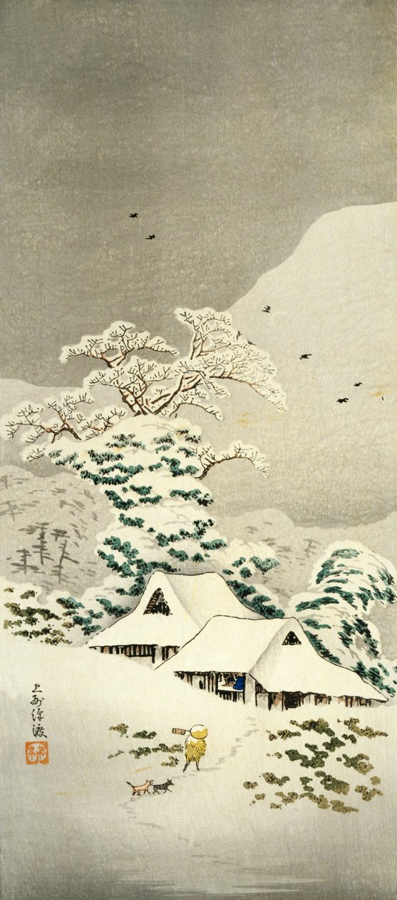Scena na śniegu w Sawatari w dystrykcie Joshu, ok. 1930, autorstwa Takahashi Shotei (1871-1945), drzeworyt w kształcie o-tanzaku, 38,1 x 17,1 cm, cywilizacja japońska, okres Meiji-Showa autorstwa Takahashi Shotei