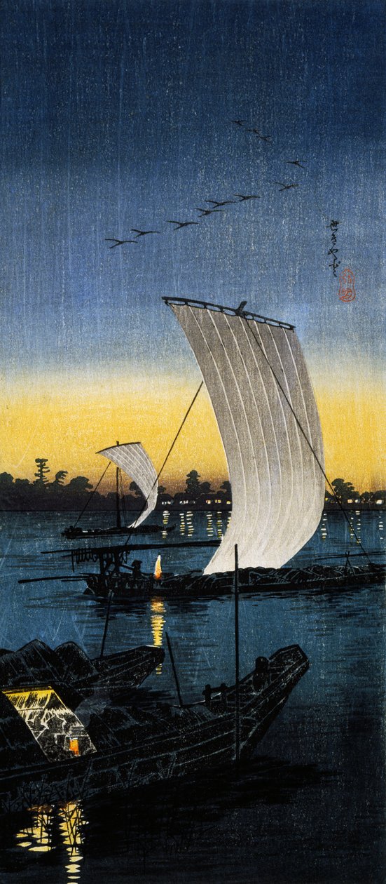 Widok wieczorny Sekiyado, ok. 1930 (drzewo O-tanzaku) autorstwa Takahashi  Hiroaki