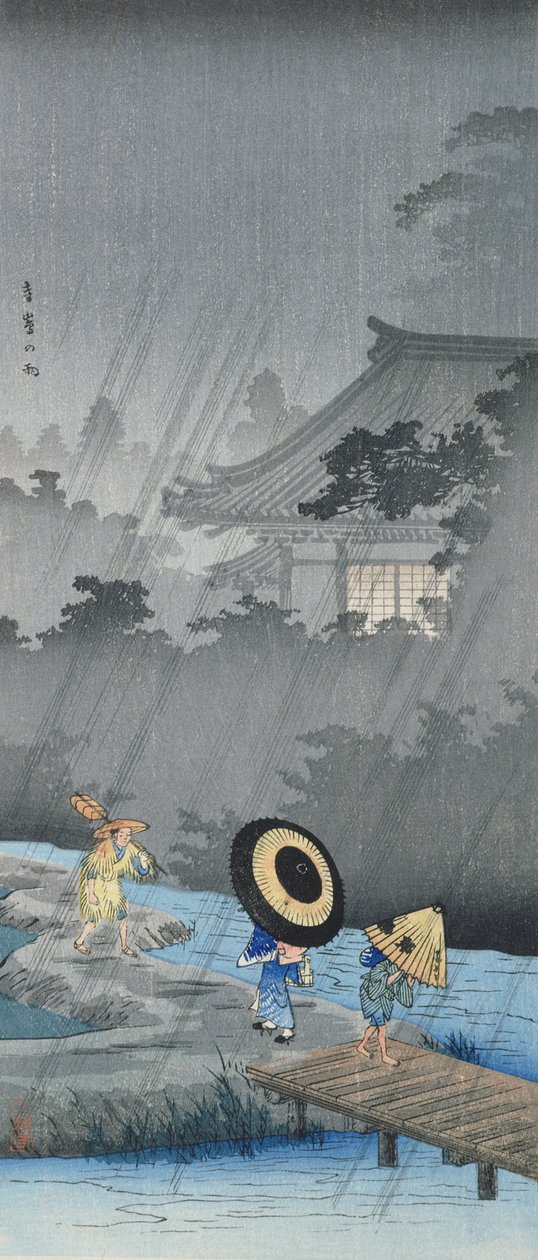 Trzy postacie w deszczu (kolorowy drzeworyt) autorstwa Takahashi  Hiroaki