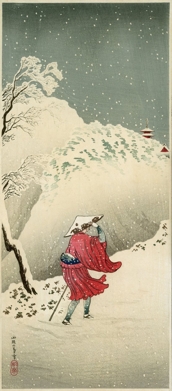 Podróżnik w śniegu (kolorowy drzeworyt) autorstwa Takahashi  Hiroaki