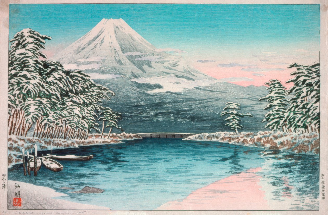 Góra Fuji widziana z Tagonoura, śnieżny krajobraz autorstwa Takahashi Hiroaki