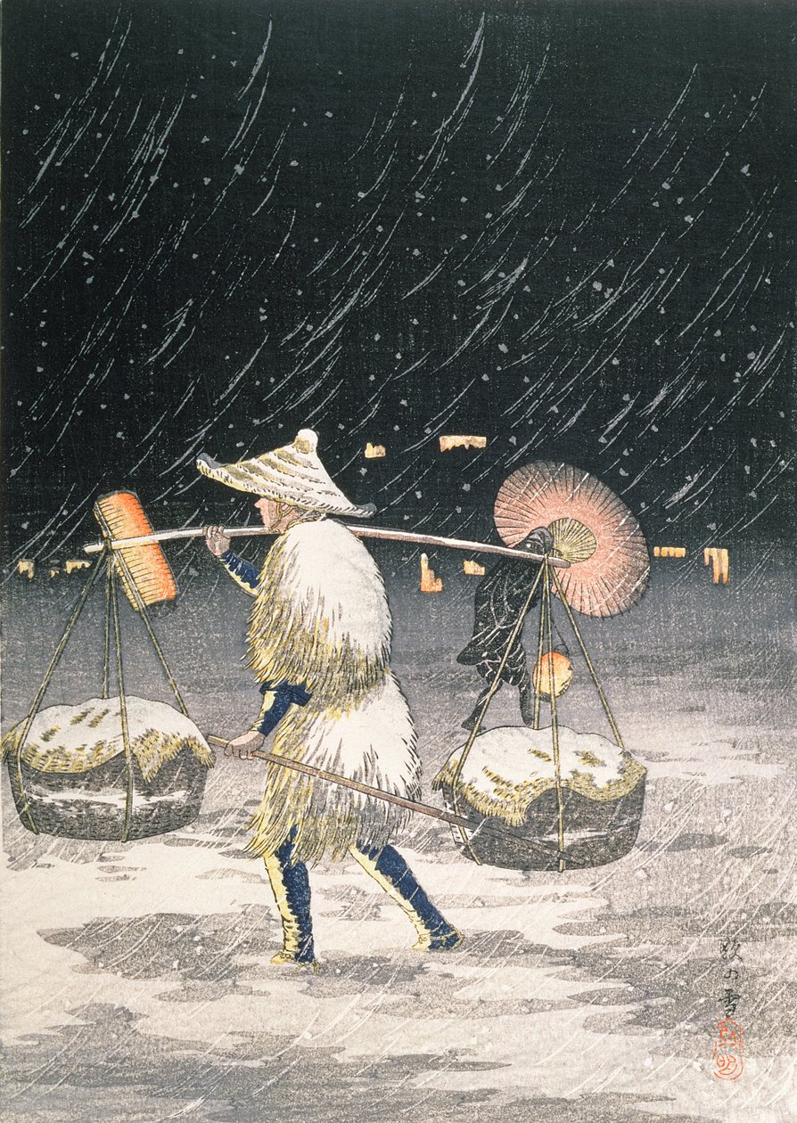 Nocny śnieg, ok. 1930 (kolorowy drzeworyt) autorstwa Takahashi Hiroaki