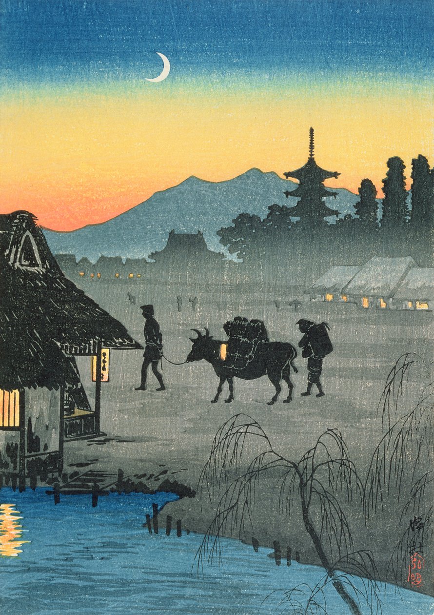 Powrót do wsi, lata 30. (kolorowy drzeworyt) autorstwa Takahashi Hiroaki