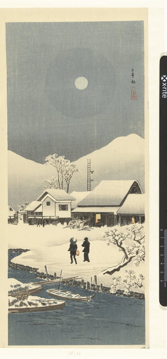 Śnieżny krajobraz w świetle księżyca Nihonmatsu (tytuł na obiekcie) autorstwa Takahashi Hiroaki
