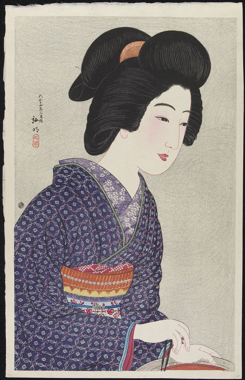 Kobieta siedząca przy koksowniku, luty 1925 autorstwa Takahashi Hiroaki
