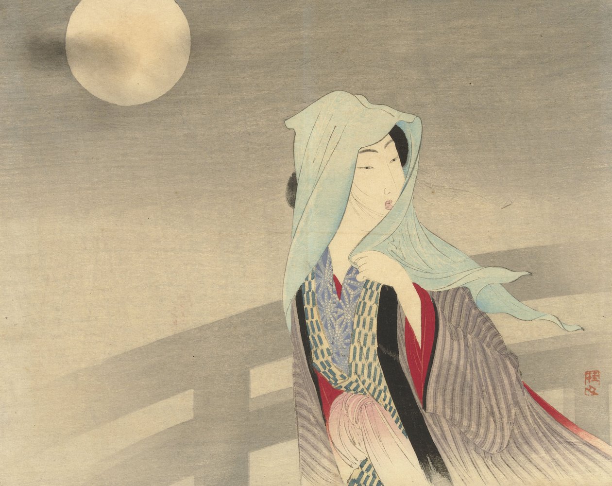 پټه ښځه د سپوږمۍ په رڼا کې په پل باندې، 1900-25 (رنګ لرګي) پولي autorstwa Takeuchi Keishu Takeuchi Keishu