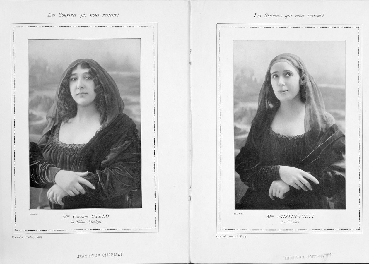 La Belle Otero i Mistinguett jako Mona Lisa, z artykułu Les Sourires qui Nous Restent w Comoedia Illustre, 1911 (bw photo) autorstwa Talbot