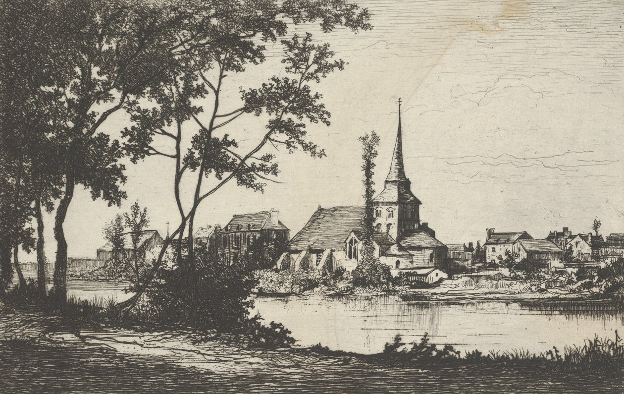 Miasto z kościołem za rzeką, XIX w. autorstwa Tancrède Abraham