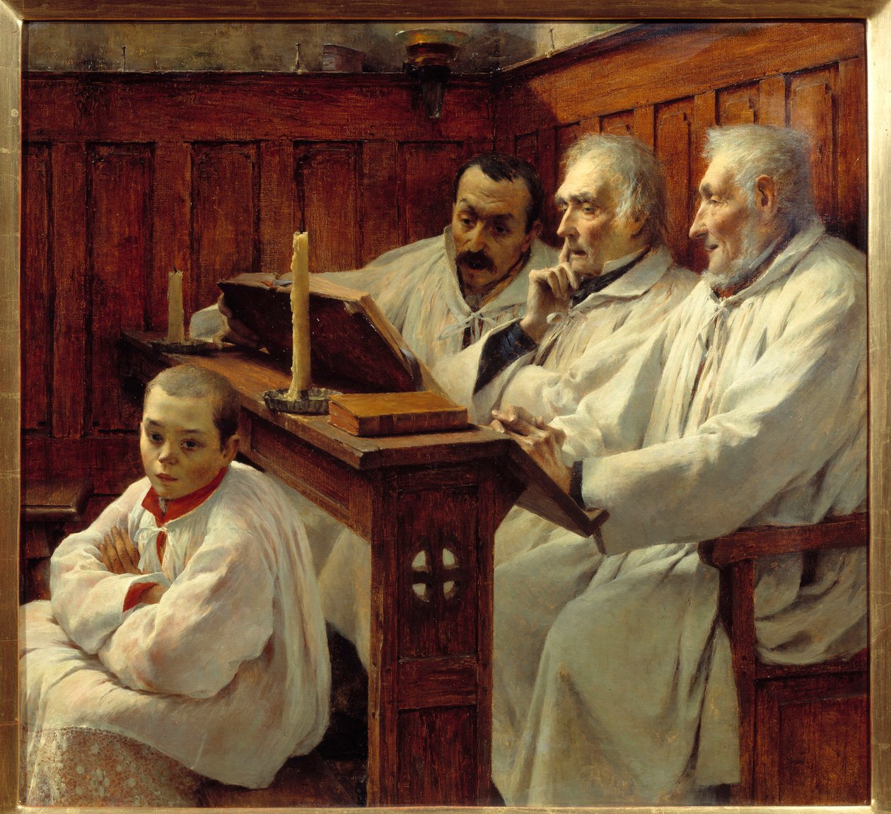 Os sacerdotes do Credo e a criança do coro lendo a Bíblia. Pintura de Tancrede Bastet (1858-1942) Grenoble do século XX, Musée des Beaux Arts Atenção! O uso deste trabalho pode estar sujeito a solicitação de autorização de terceiros ou taxas adicionais pol autorstwa Tancrede Bastet