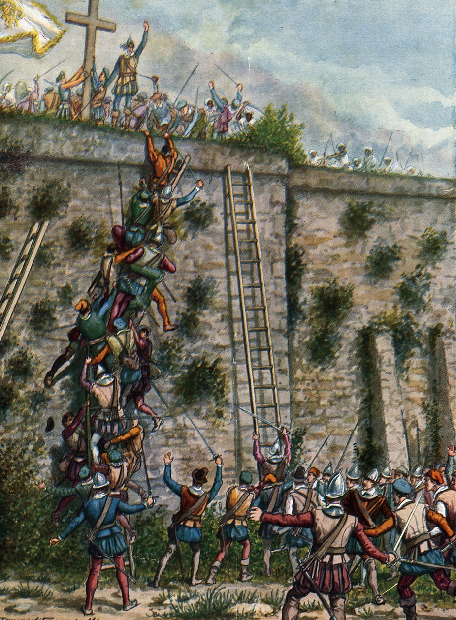 Żołnierze Afonso Albuquerque atakujący Aden w lutym 1513, ilustracja z Historii nawigatorów, 1936 autorstwa Tancredi Scarpelli