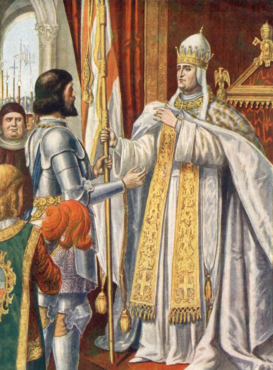 Alberico da Barbiano otrzymuje od papieża Urbana VI flagę z napisem "Włochy wyzwolone od barbarzyńców". autorstwa Tancredi Scarpelli