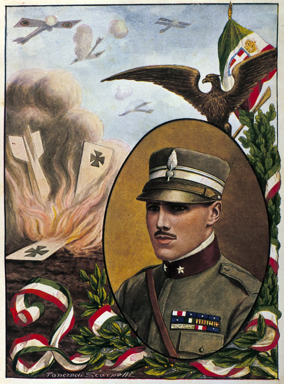 Alegoria o majorze Francesco Baracca (1888-1918) bohaterach włoskiego lotnictwa, którzy zginęli w bitwie w 1918 roku. Rysunek Tancredi Scarpelli. mediolański . autorstwa Tancredi Scarpelli