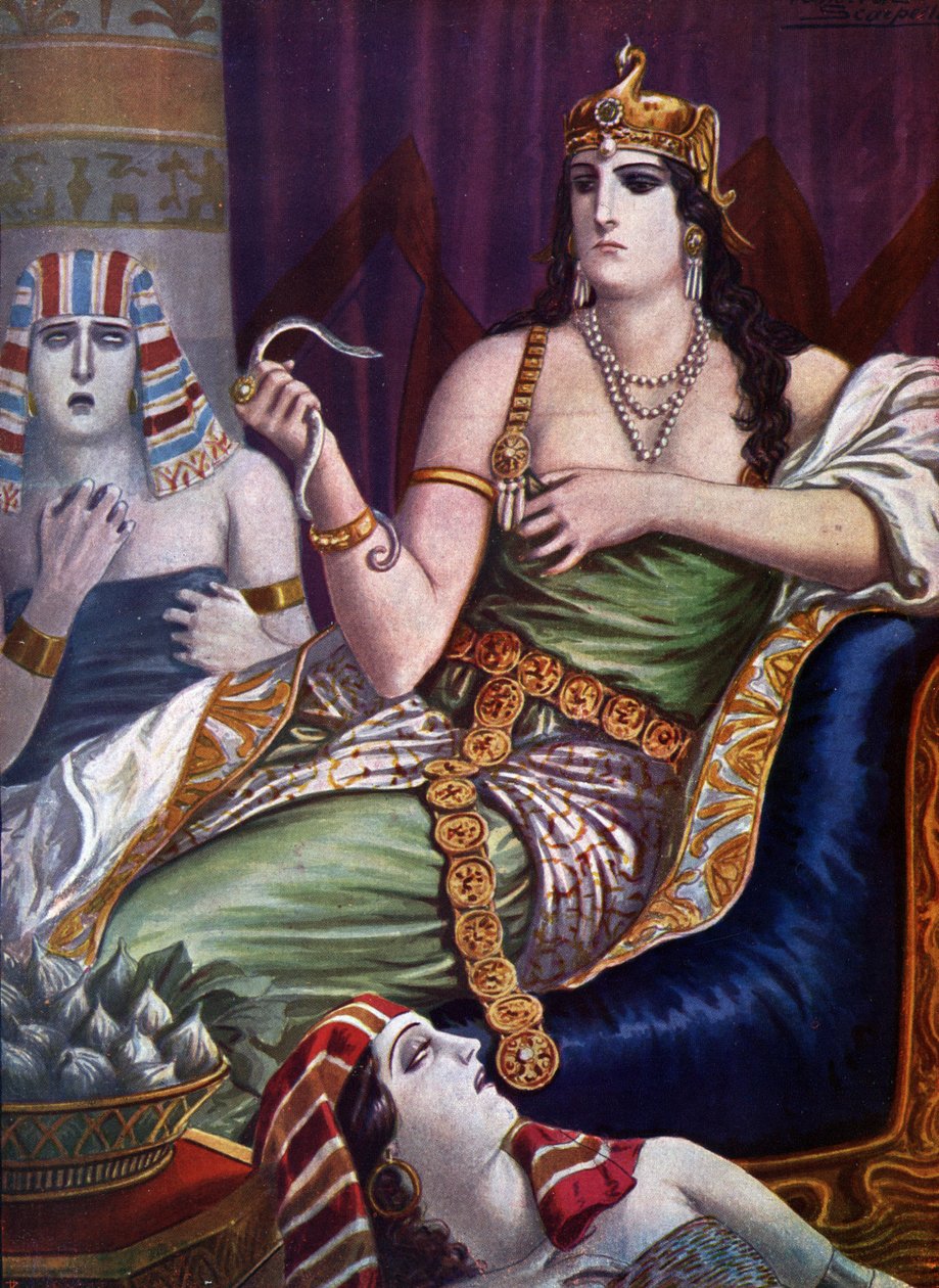 Egipski antyk: „” Śmierć Kleopatry”” Królowa Egiptu Kleopatra VII Thea Philopator (69-30 pne) samobójstwo przez ugryzienie przez dwa węże galaretki (Suicide of Egypt Kleopatra) Ilustracja Tancredi Scarpelli (1866-1937) z „ „Storia d