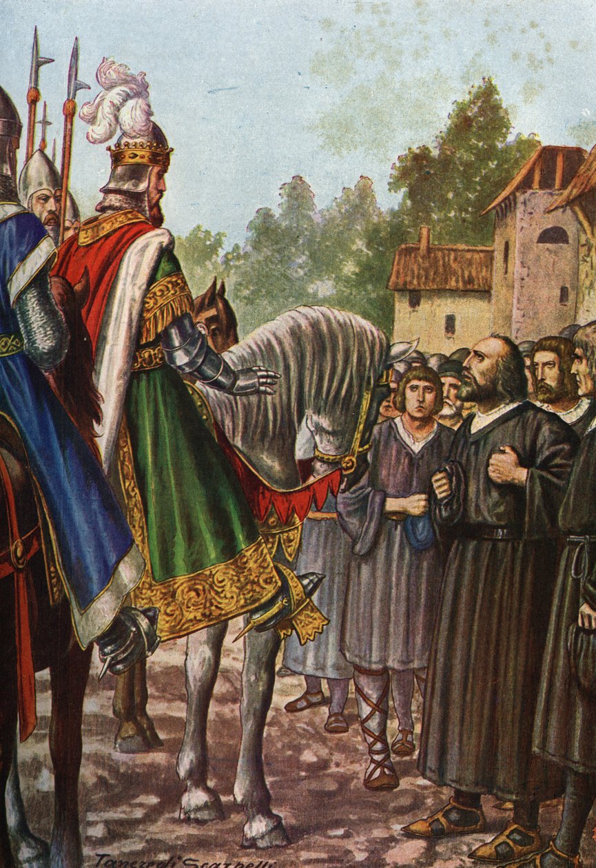 Cesarz Fryderyk I Barberossa (1122-1190) podczas swojej drugiej podróży do Włoch w 1158 mija rzekę Addę i spotyka mieszkańców Lodi, którzy błagają go o odzyskanie ich terytorium. Tancredi Scarpelli (1866-1937) z „Storia d