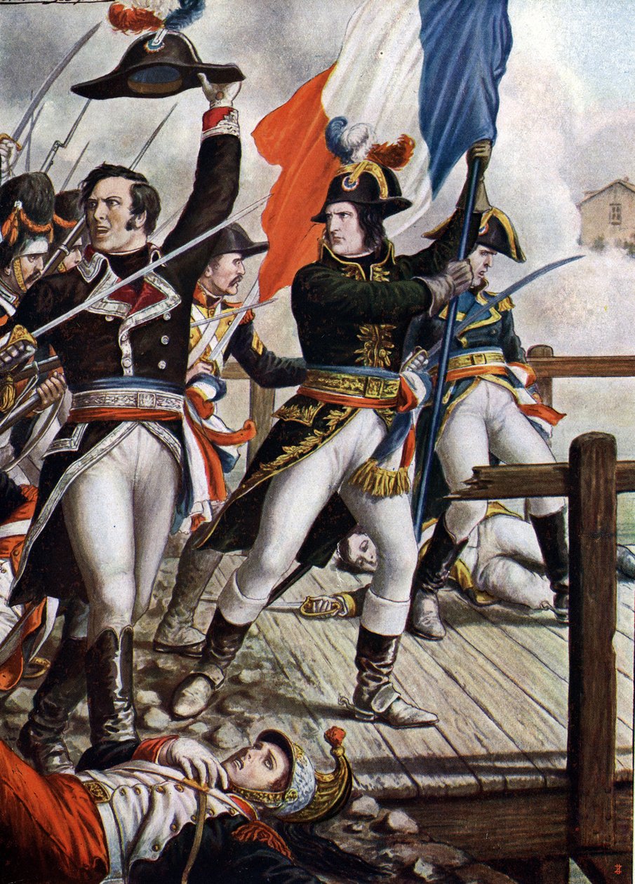 Pierwsza kampania włoska: Napoleon Bonaparte (1769-1821) w bitwie pod mostem Arcole, listopad 1796” (Napoleon Bonaparte podczas bitwy pod mostem Arcole (Arcola), listopad 1796) Ilustracja Tancredi Scarpelli (1866-1937) z „Storii” autorstwa Tancredi Scarpelli
