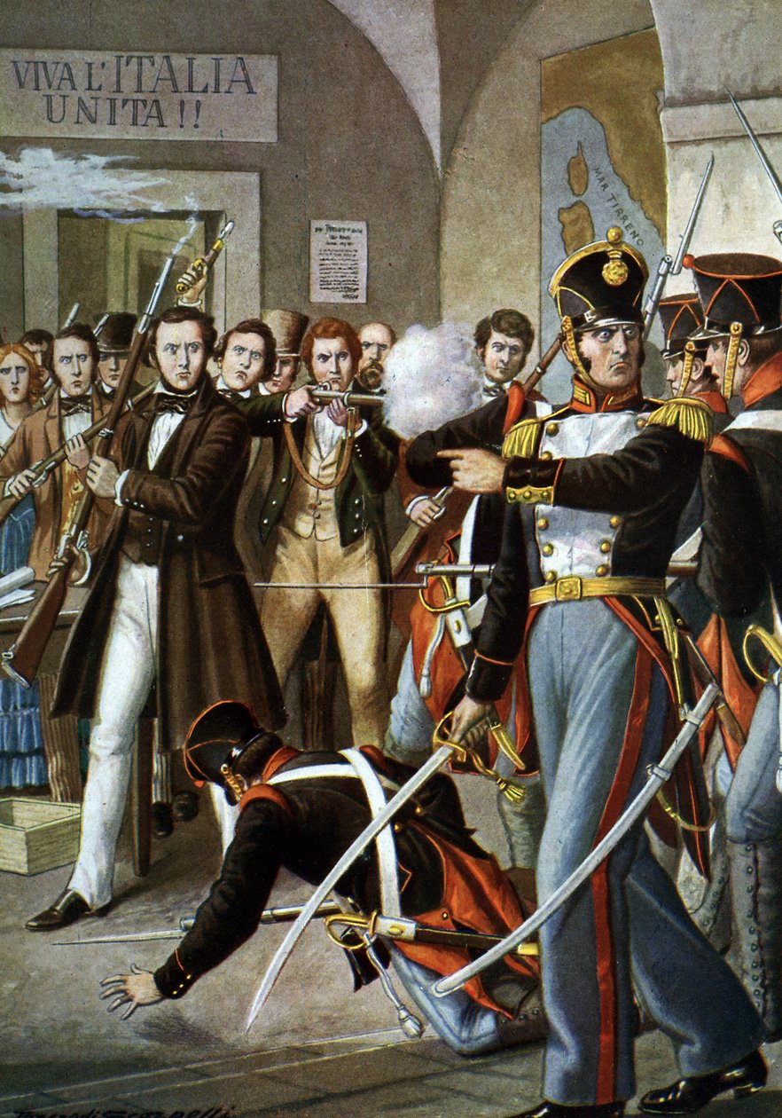Ruchy powstańcze z 1830 r.: Aresztowanie Ciro Menottiego (1798-1831) Włoski Patriota Członek Ruchu Karbonariuszy (Carboneria, Węgielnictwo) a Modene, w 1830 r., Włochy” (Atak na dom Ciro Menottiego podczas buntu w Modenie we Włoszech 1830) Ilustracja autorstwa Tancredi Scarpelli